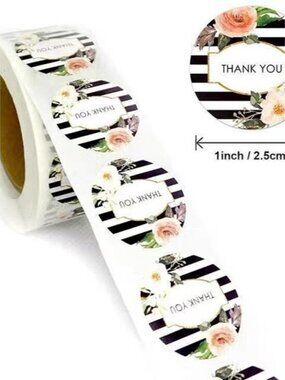 1 Inch Floral Thank You Stickers – Black White Stripe Packaging Seals